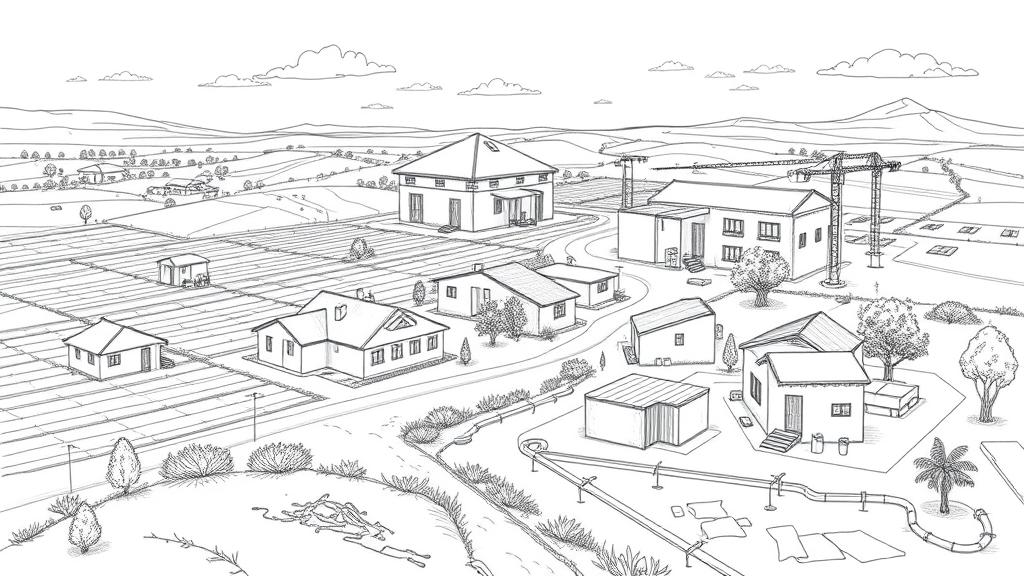 A detailed pencil sketch of a large-scale African water infrastructure development project, with construction blueprints overlaid with agricultural fields and clean, modern architectural housing designs, showing hand-drawn details of water pipes and solar panels. No text, no logos.