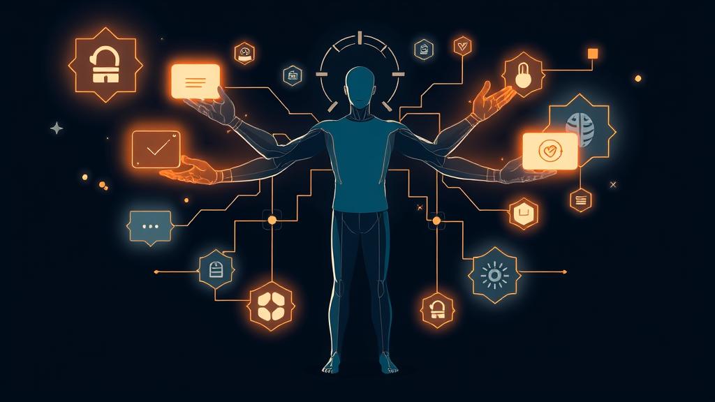 A stylized vector flat illustration depicting a single human figure with multiple, abstract, glowing digital arms extending to manage various interconnected tasks. The figure stands confidently amidst a network of clean, geometric AI symbols and data streams. The overall composition conveys efficiency, automation, and the power of a solo individual amplified by artificial intelligence. No text, no logos, cinematic composition.