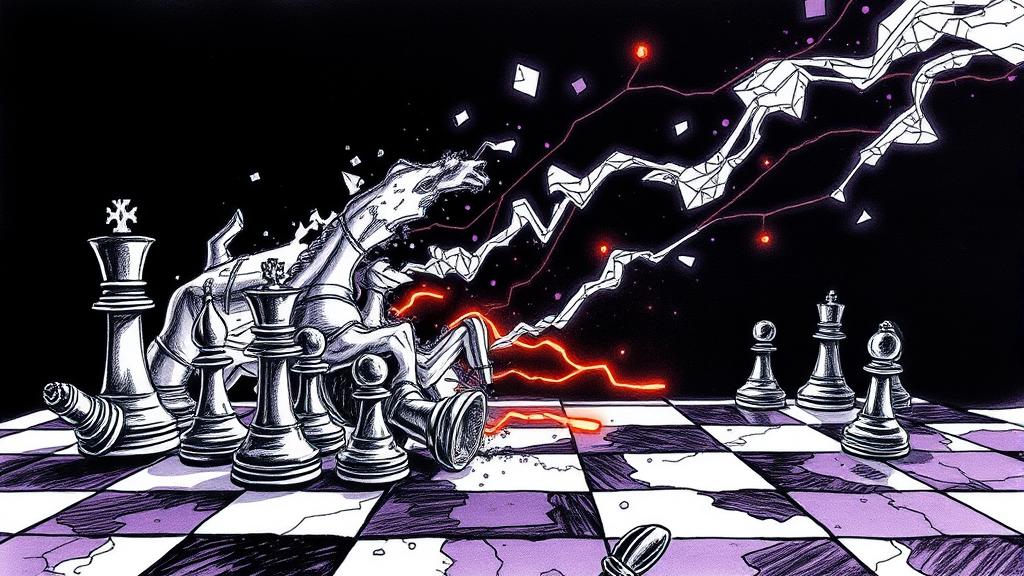An editorial ink sketch illustration showing a fragmented chessboard dissolving into a flowing, organic pattern, with subtle hints of glowing digital lines emerging from the disruption. The scene captures the intellectual challenge and rapid transformation of the AI era. Monochromatic with accents of deep purple and a warm, intelligent gold. No text, no logos, cinematic composition.