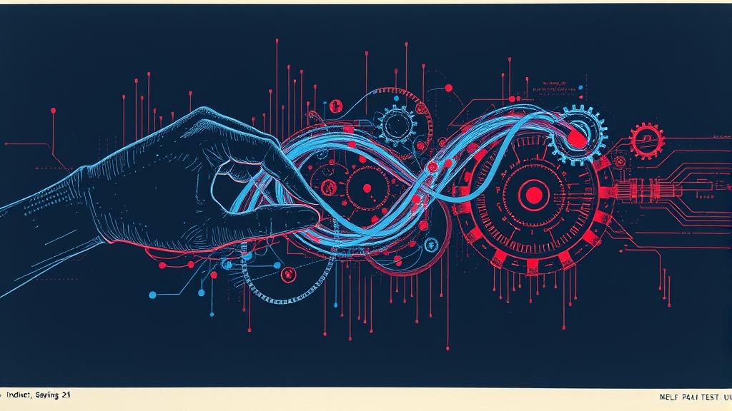 A bold risograph print showing an abstract, self-correcting infinite loop made of glowing blue and crimson threads. Stylized digital hands and mechanical gears work in harmony to stitch together fragments of glowing code. High-contrast textures, deep navy blue background, warm red accents, grainy ink overlay, modern tech editorial illustration. No text, no logos, cinematic composition.