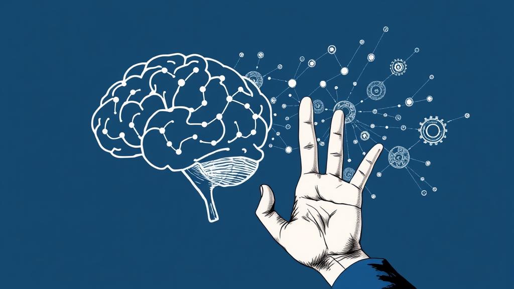 Editorial ink sketch of a stylized brain diagram transforming into a flourishing, interconnected network of abstract data points and subtle gears, representing the growth of an AI business. A strong, confident hand is shown in the foreground, outlining a key strategic element within the network. The background is a deep, muted blue. No text, no logos, cinematic composition.