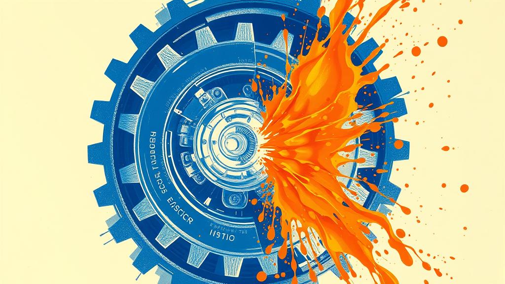 A bold risograph print showing a highly complex mechanical gear system where one delicate, glowing glass gear is fracturing under pressure, causing a cascade of colorful ink splatters. High-contrast royal blue, crisp white, and neon orange color palette. No text, no logos, cinematic composition.