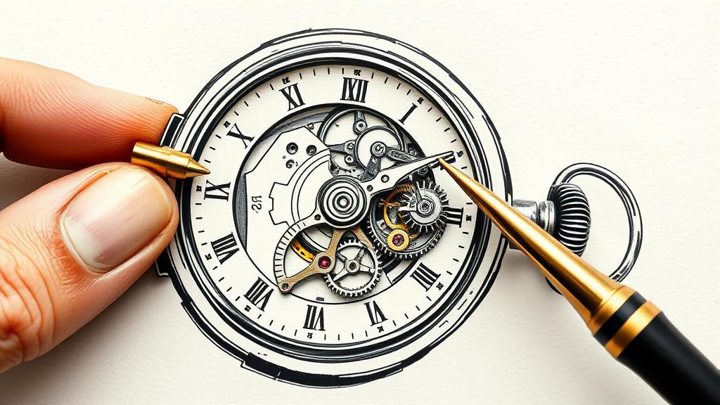 An editorial ink sketch of a meticulously hand-crafted mechanical pocket watch being carefully adjusted with fine brass tools. The watch face features complex, elegant gears in the shape of a spiral, with deep black ink lines, delicate cross-hatching, and subtle gold watercolor washes highlighting the intricate craftsmanship. The background is a clean, textured off-white paper. No text, no logos, cinematic composition.
