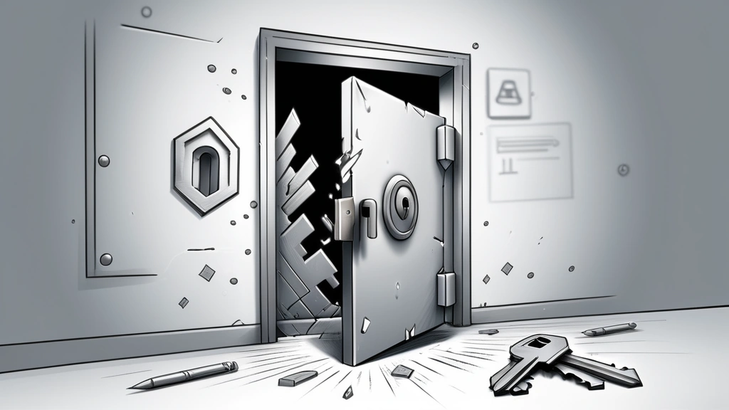 A pencil sketch illustration depicting a digital lock with a broken keyhole, where a small, fragmented AI chatbot icon is attempting to insert an unauthorized, jagged digital key. In the background, a robust, unbroken digital vault door stands firm, deflecting multiple digital arrows labeled "attempt." No text, no logos.
