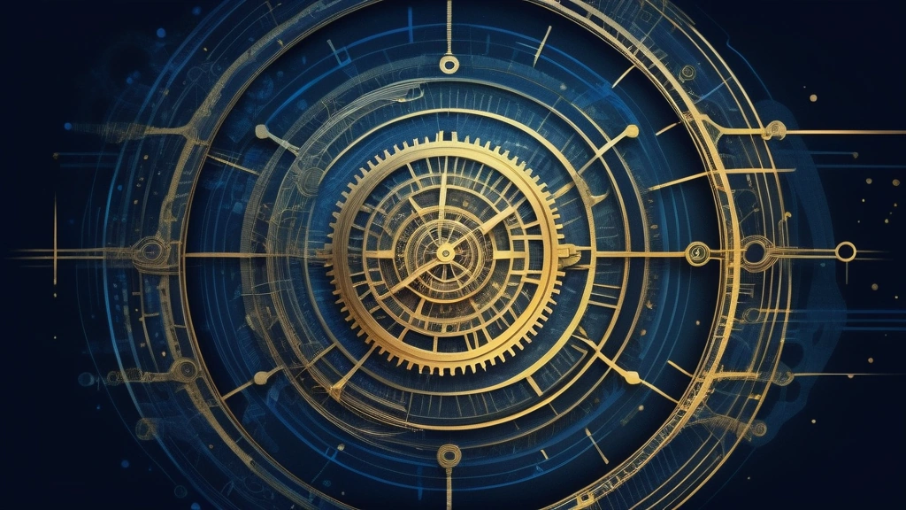 An intricate, hand-drawn editorial ink sketch depicting a complex clockwork mechanism seamlessly merging with abstract digital code lines and data nodes. A single glowing golden gear at the center symbolizes the transition from a chaotic stream of information to structured, purposeful movement. High-contrast crosshatching, subtle deep blue watercolor washes highlighting key pathways, minimalist layout. No text, no logos, cinematic composition.
