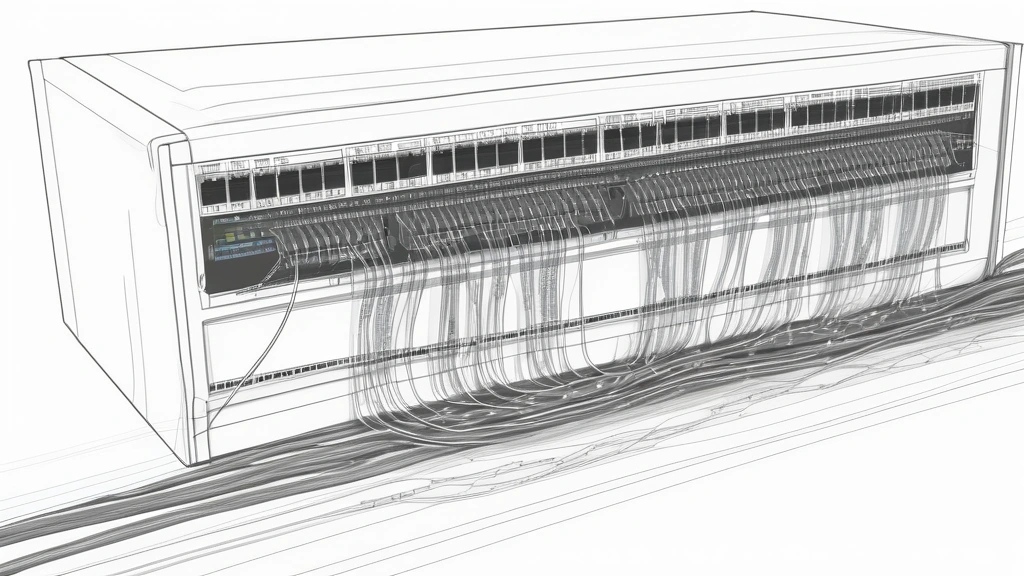 A detailed pencil sketch of a network patch bay with physical cables routing connections between terminal nodes, representing local routing of data streams. No text, no logos.
