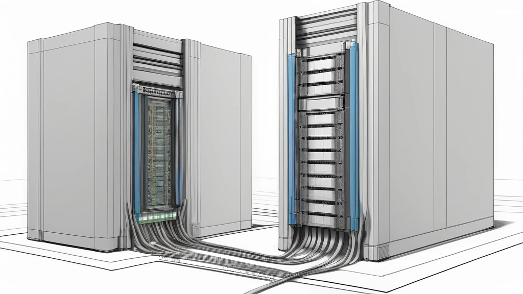 A detailed pencil sketch of two physical server chassis stacked vertically, connected directly by a thick QSFP cable with fine lines representing high-speed data transfer pathways between the ports. No text, no logos.