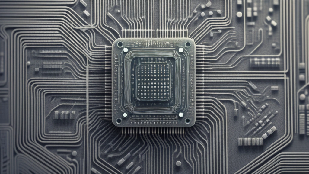 A detailed pencil sketch of a microscopic radio frequency integrated circuit, showing highly irregular, asymmetrical circuit paths that resemble a chaotic QR code rather than traditional symmetrical grids. No text, no logos.