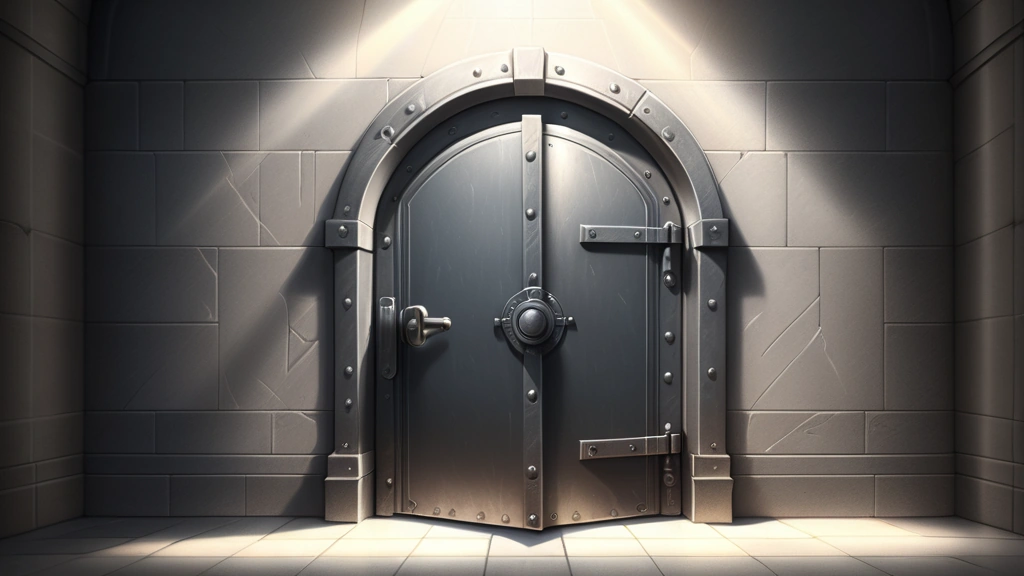 A detailed pencil sketch of a heavy iron vault door standing slightly ajar, with bright light spilling through the opening onto a stone floor. No text, no logos.