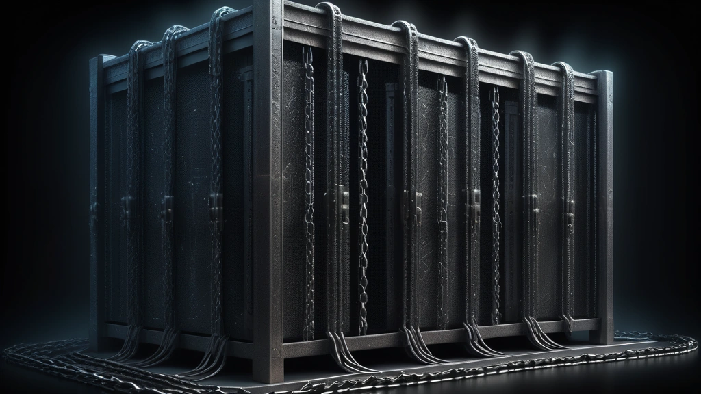 A detailed pencil sketch depicting a heavily fortified server rack wrapped in thick steel chains, with some links of the chain beginning to glow and dissolve into digital dust. No text, no logos.