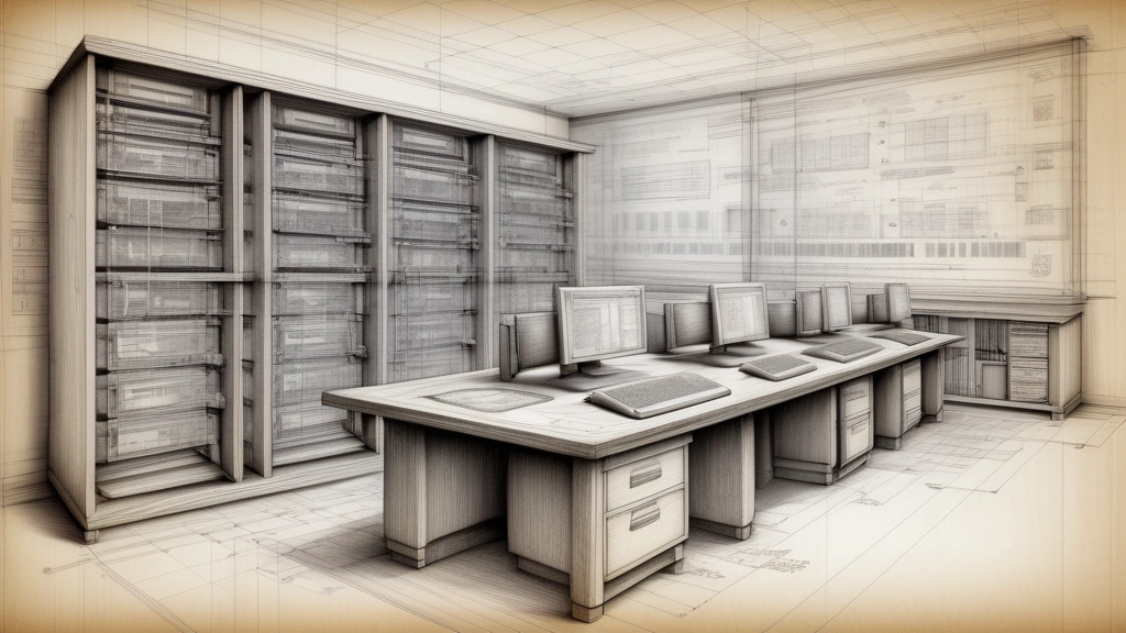 A detailed pencil sketch illustrating a conceptual architectural blueprint of a software application, showing interconnected layers with hand-drawn database schemas, server racks, and wireframe user interfaces overlapping on a wooden drafting table. No text, no logos.