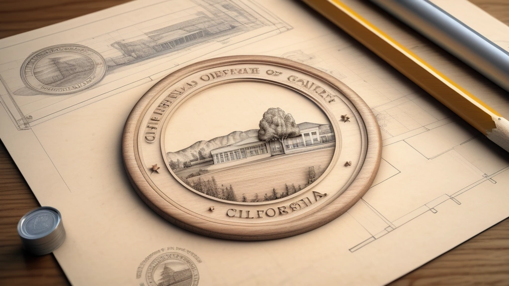 A detailed pencil sketch of the official seal of the State of California resting on a rustic wooden desk next to an architectural blueprint of a modern technology campus in Silicon Valley. No text, no logos.