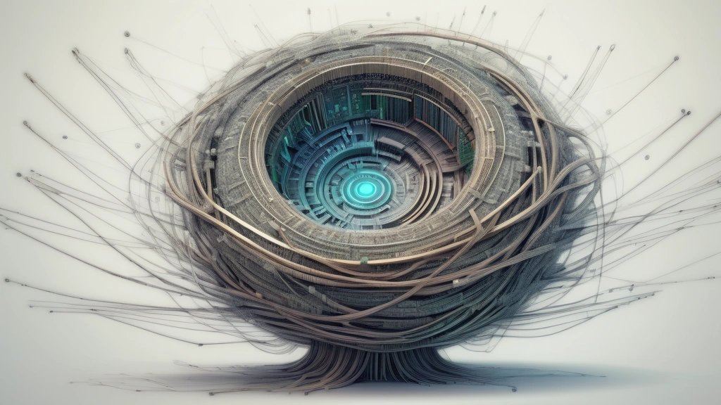 A detailed pencil sketch of a complex bird's nest being intricately woven together from various strands of code and circuit board patterns, high in a digital tree. No text, no logos.