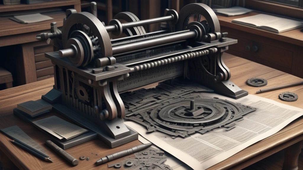A detailed pencil sketch of an antique cast-iron printing press physically breaking apart, with its metal gears and levers dissolving into digital binary code that floats over a printed copy of a business newspaper laid out on a wooden editor's desk. No text, no logos.