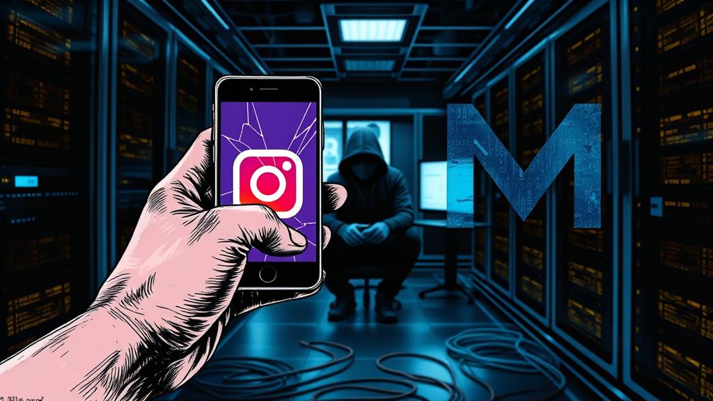 Editorial ink sketch: A human hand holding a smartphone displaying the Instagram logo, with the screen cracked and digital code lines spilling out, representing a security breach. In the background, a silhouette of a hacker with a hood is visible, sitting in front of multiple glowing screens. Overlaid subtly, the Meta "M" logo is fractured, hinting at the system failure. The scene takes place in a dimly lit, futuristic server room with data cables snaking across the floor. The overall mood is urgent and cautionary. dark background, electric blue and gold accent lighting, no text, no logos, cinematic composition.