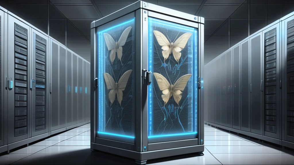 A detailed pencil sketch of a secure server rack in a federal facility, with one server glowing faintly with a glasswing butterfly motif engraved on its metal casing, surrounded by official government documents and a scale of justice. No text, no logos.