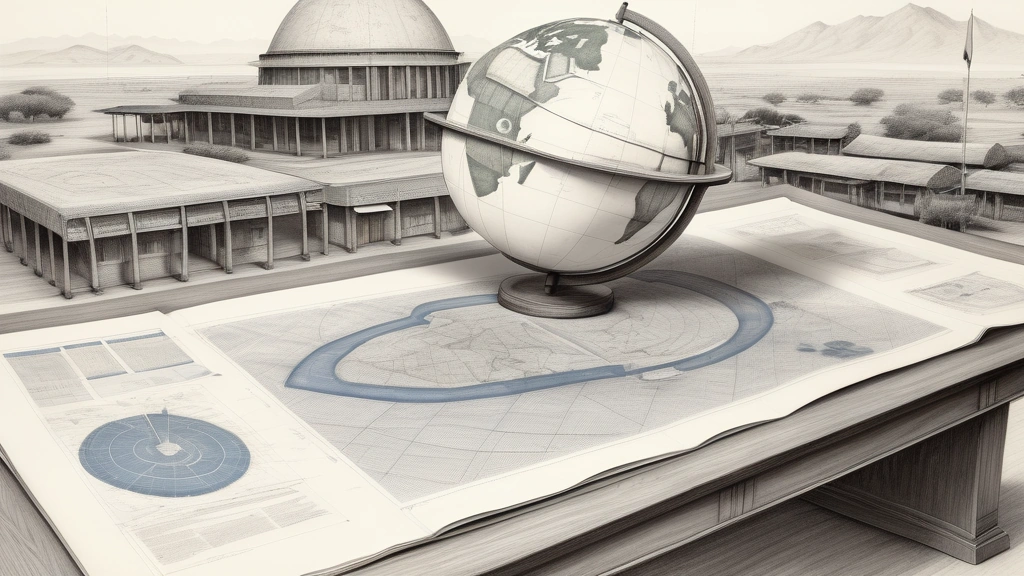 A detailed pencil sketch depicting a large wooden table covered with architectural blueprints of African transport infrastructure, agricultural maps of Morocco, and official documents bearing the year 1986, with a classic globe highlighting the Global South in the background. No text, no logos.