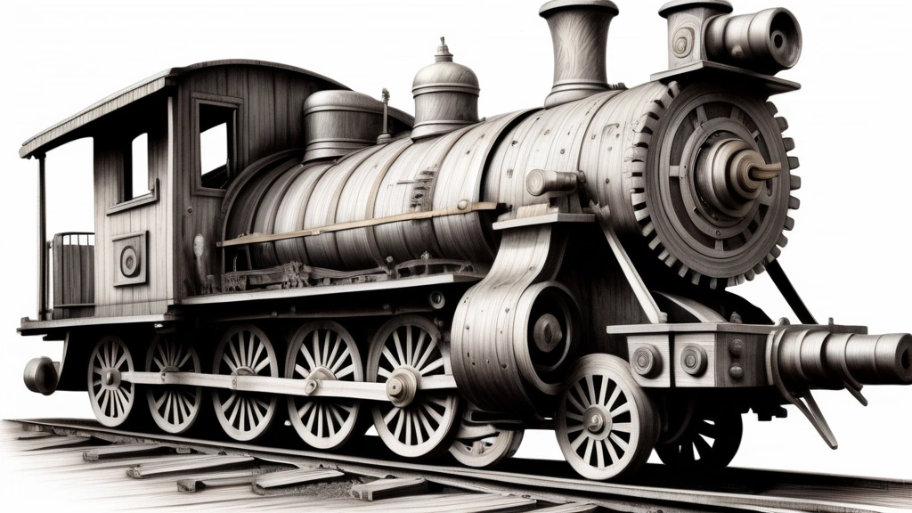 A detailed pencil sketch of a derailed nineteenth-century steam locomotive on cracked wooden tracks, with its metallic gears and wheels exposed, symbolizing historical market instability. No text, no logos.