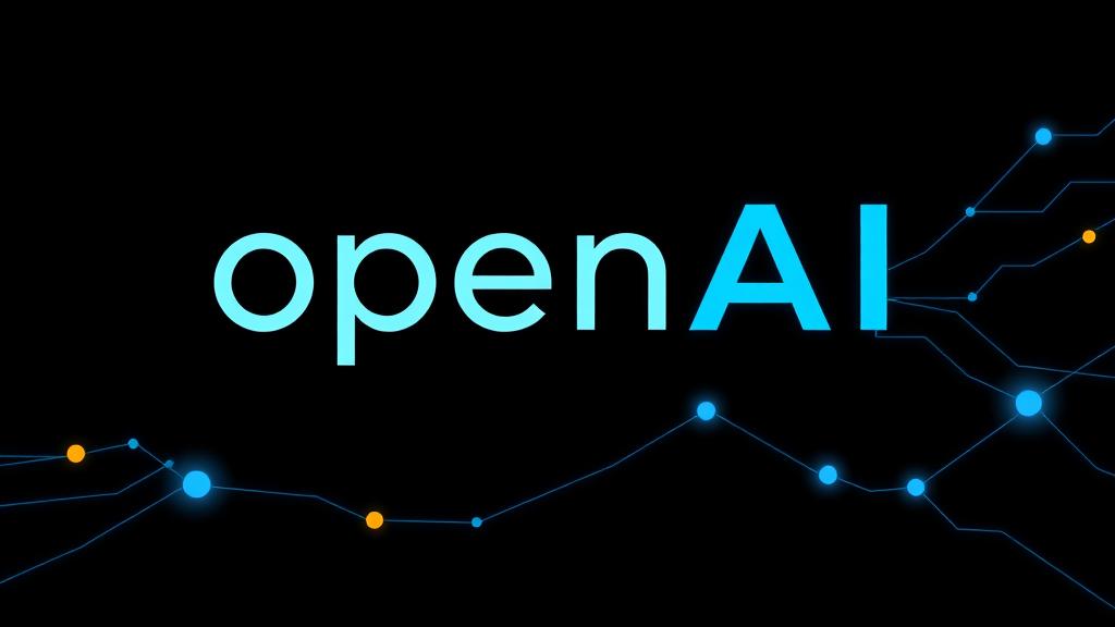 OpenAI logo, dark background, electric blue and gold accents, clean tech illustration, neural network, no text in image