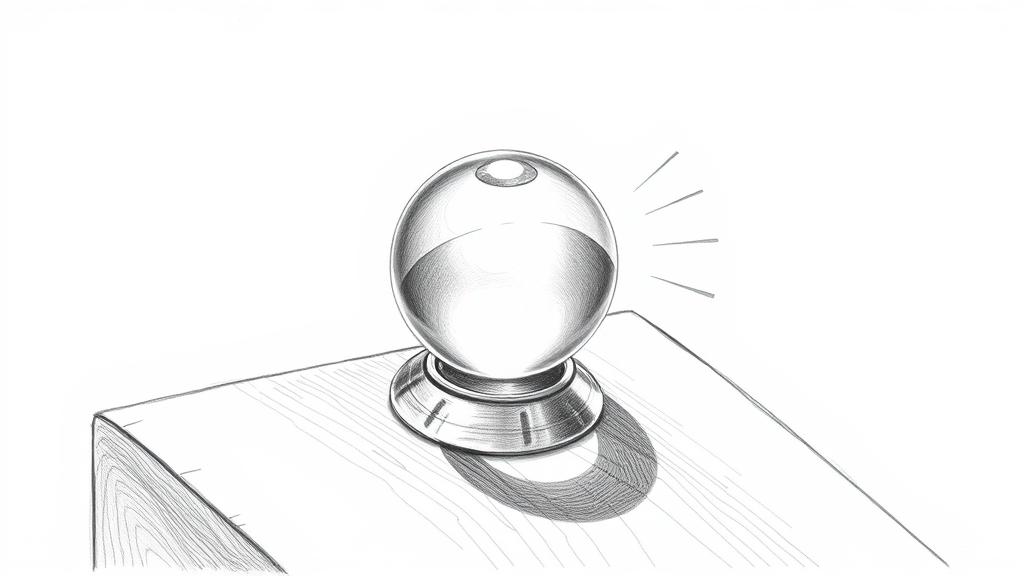 A detailed graphite pencil sketch of a glass marble frozen mid-bounce as it strikes a metallic cymbal on a wooden ramp, with faint sound waves illustrated as clean geometric lines radiating from the impact point. No text, no logos.