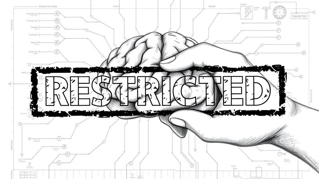 A stark pencil sketch depicting a digital brain or complex network grid, with a large, official-looking "RESTRICTED" or "STOP" stamp superimposed over it, appearing to be pressed down by an unseen, authoritative hand. The background is a subtle, technical blueprint pattern. No text, no logos.