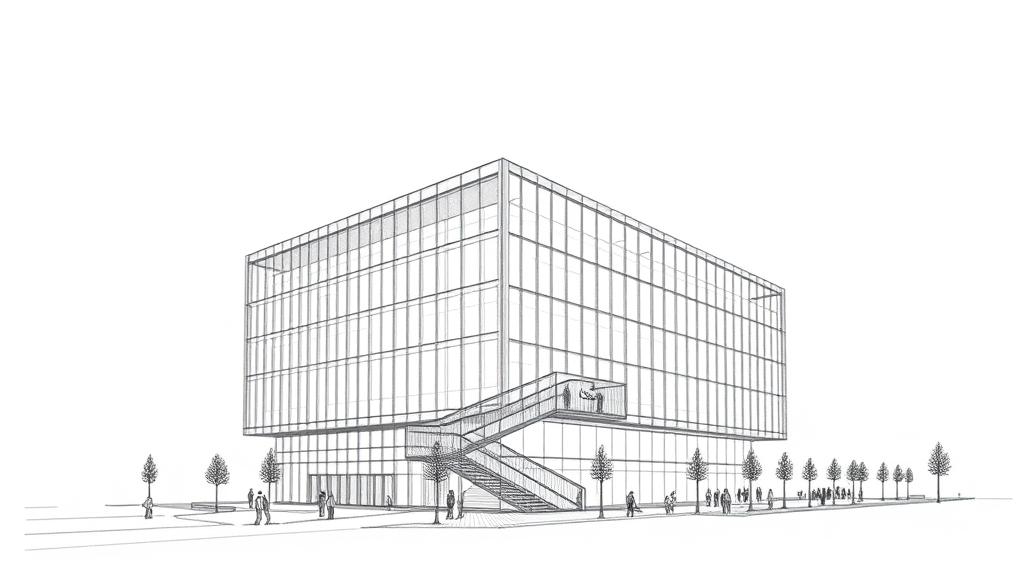 A detailed pencil sketch illustrating the distinctive architecture of Google's Pier 57 office in New York City, with its unique "inclinator" ramp visible, and subtle, abstract visual cues of data streams or network connections subtly emanating from the building. No text, no logos.