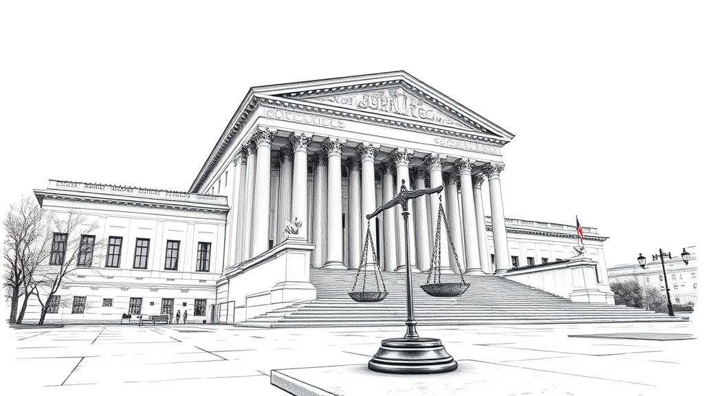 A detailed pencil sketch of the Supreme Court of the United States building, with its grand marble columns and steps partially shadowed by a scale of justice resting on the stone plaza, under a dramatic, overcast sky. No text, no logos.