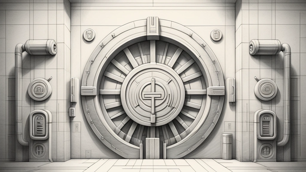 A pencil sketch depicting a massive electrical substation connected to a stylized, secure vault door bearing a Greek-inspired mythic emblem. No text, no logos.