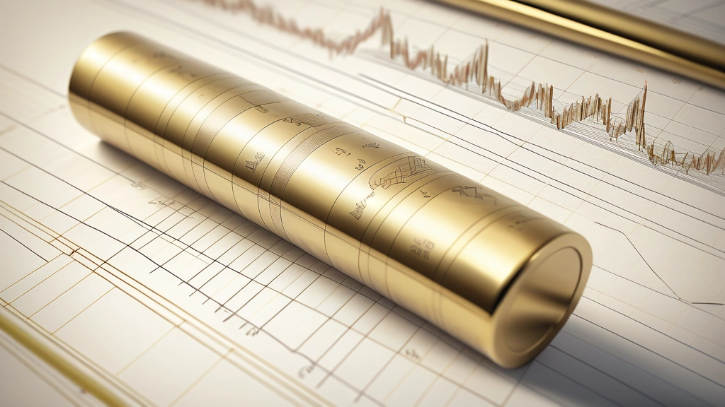 A detailed pencil sketch of a physical gold bar overlayed with technical trading diagrams, featuring fine grid lines, Bollinger Band curves, and mathematical formulas in the background. No text, no logos.