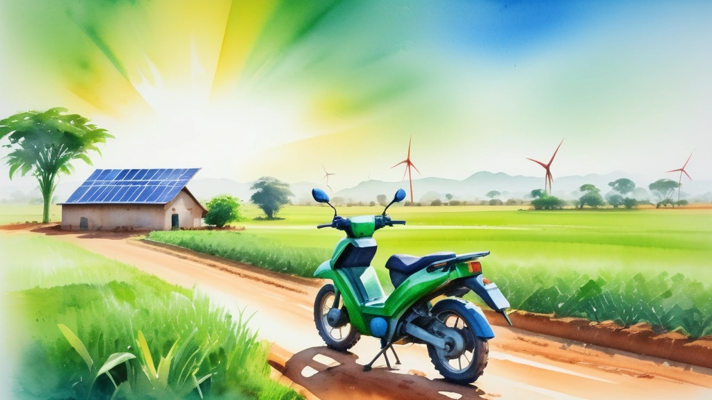 A vibrant watercolor painting depicting a lush, green agricultural field in Africa with a modern clean-energy electric motorcycle parked beside a solar-powered irrigation pump, under a bright and hopeful morning sky. No text, no logos.