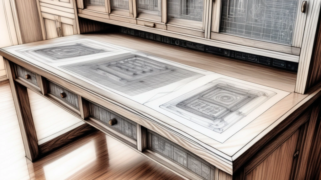 A detailed pencil sketch of a formal wooden cabinet table in Nairobi, with architectural drafts of digital networks and circuit patterns lightly overlaid across its surface. No text, no logos.