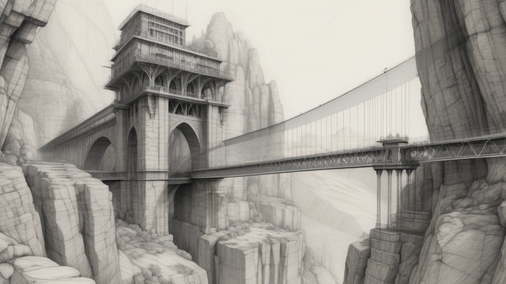 A detailed pencil sketch depicting a complex suspension bridge under construction, spanning a wide chasm to connect two massive stone towers. Fine lines and technical schematics overlay the sketch, showing small mechanical gears and geometric nodes aligning perfectly along the bridge's path. No text, no logos.