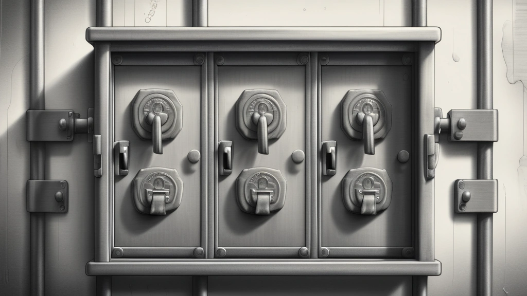 A detailed pencil sketch of a massive, heavy-duty padlock securing a metal server rack cabinet, with official government wax seals broken and hanging from the lock mechanism. No text, no logos.
