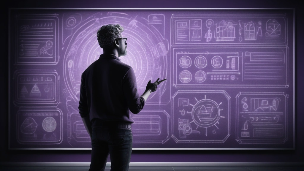 An editorial ink sketch illustrating the concept of critical thinking in a digital landscape. A thoughtful human figure stands before a massive chalkboard covered in intricate white and violet chalk diagrams, showing icons of megaphones, robot heads, and human profiles with question marks. The style is serious, intellectual, and analytical, with deep cross-hatching, fine line work, and a dark slate background. No text, no logos, cinematic composition.