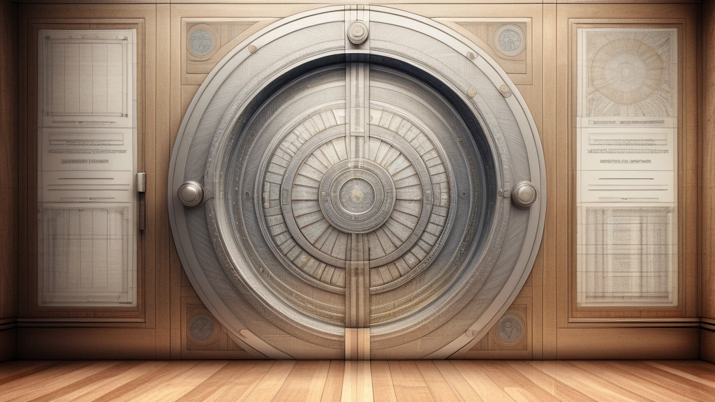 A detailed pencil sketch of a classical stone bank vault door slightly ajar, with intricate digital network patterns and circuit lines etched into its metallic surface, resting on a wooden table alongside a stack of official legislative papers. No text, no logos.