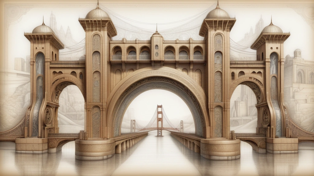 A detailed pencil sketch of a physical bridge connecting a traditional North African archway directly to a stylized representation of the Golden Gate Bridge, with intricate mechanical gears and digital node networks etched into the structure. No text, no logos.