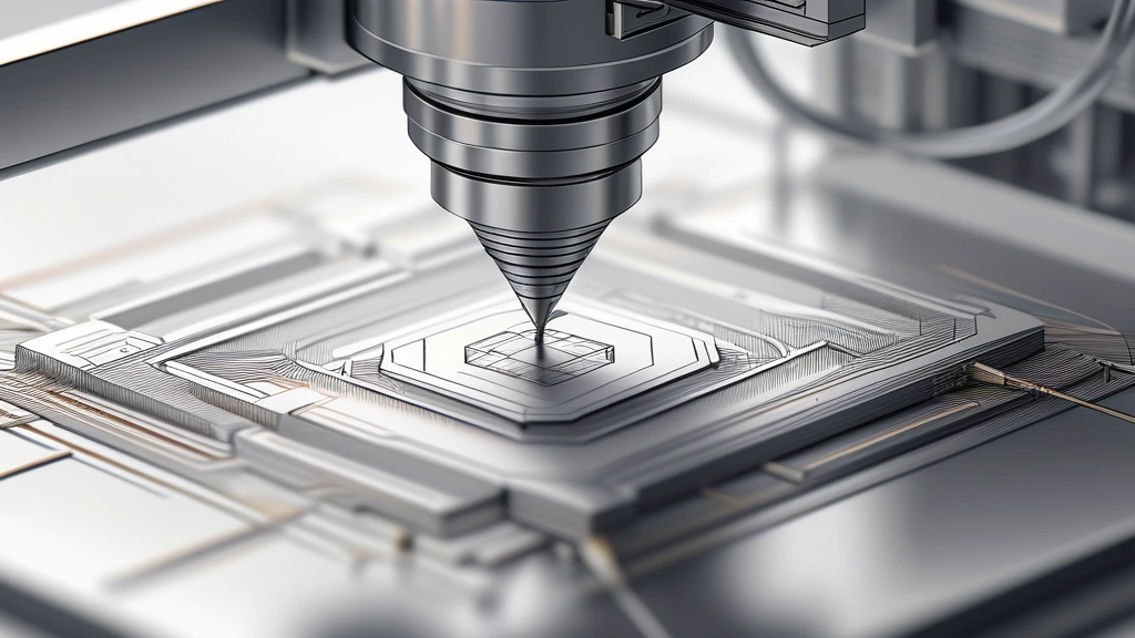 A detailed pencil sketch of a microscopic silicon wafer under production, showing the intricate geometric pathways of a two-nanometer node, with a metallic robotic arm precision-placing a tiny processor die. No text, no logos.