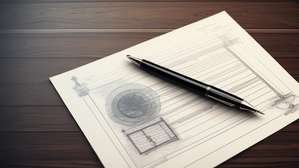 A detailed pencil sketch of an official government document resting on a dark wooden desk next to a classic fountain pen. Faint, abstract digital network node diagrams are lightly traced in the background. No text, no logos.