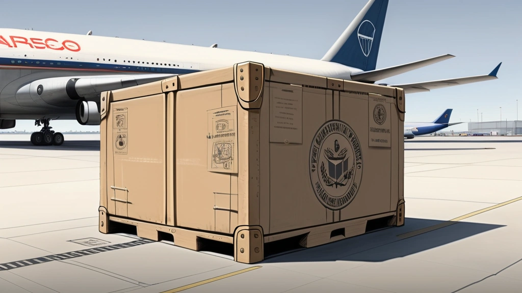 A detailed pencil sketch of a large, heavy shipping crate resting on an airport tarmac next to a cargo plane, with a prominent official customs seal padlock keeping it closed. No text, no logos.