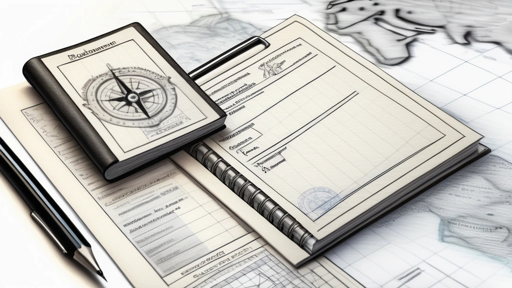 A detailed pencil sketch of an open passport showing a European visa stamp resting on top of a single-page resume with sections clearly marked for software engineering stacks, next to a map of Germany and a compass. No text, no logos.