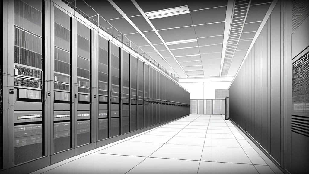 A detailed pencil sketch showing a cross-section of a modern data centre facility, complete with rows of server racks, connected directly to an electrical substation and a tall telecommunications tower. No text, no logos.