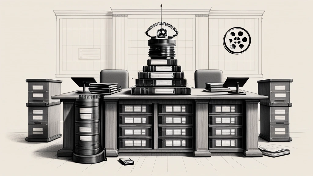 Pencil sketch of a courtroom table stacked high with film reels and digital storage drives, with a gavel resting on a document labeled with a film studio logo. No text, no logos.