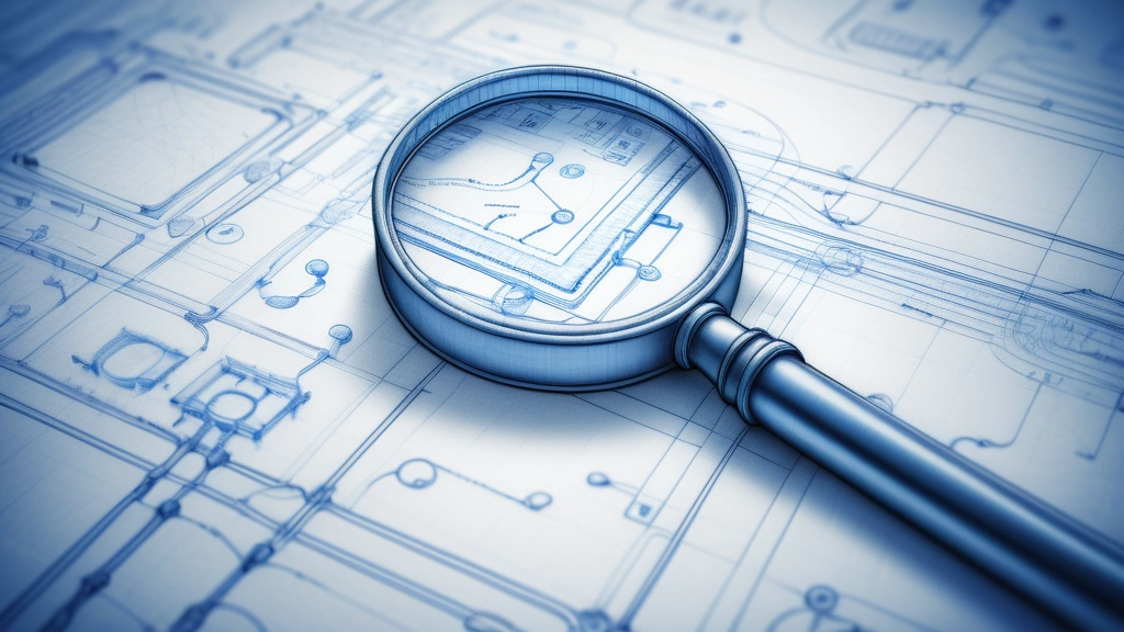 A detailed pencil sketch of an intricate software pipeline diagram on a blueprint, where a magnifying glass hovers over a section of code to reveal hidden tracking markers, data packets, and network telemetry lines routing back to a distant server. No text, no logos.