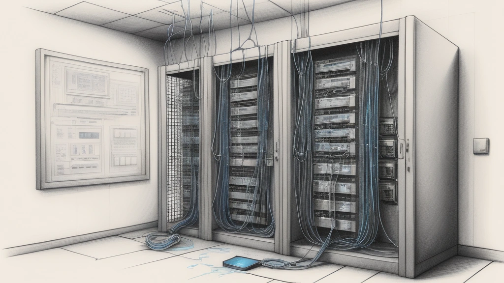 A detailed pencil sketch showing a server rack with disconnected ethernet cables, with a physical padlock hanging from one of the ports, set against a background of faint, hand-drawn flowcharts. No text, no logos.