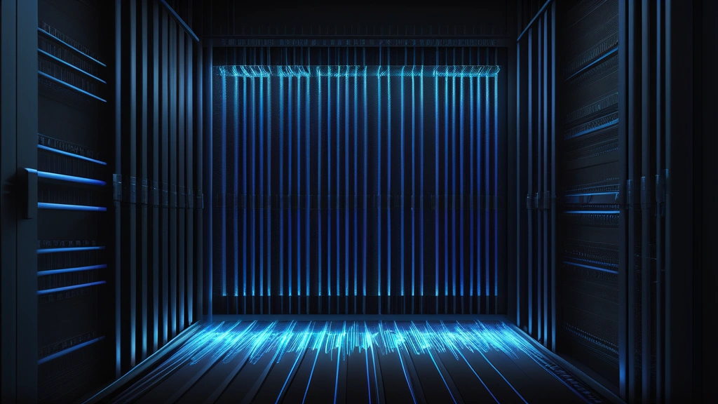 A detailed pencil sketch of a server rack with network cables, where one glowing fiber optic cable subtly splits into a hidden pathway, casting a faint shadow shaped like a barcode on the metallic casing. No text, no logos.