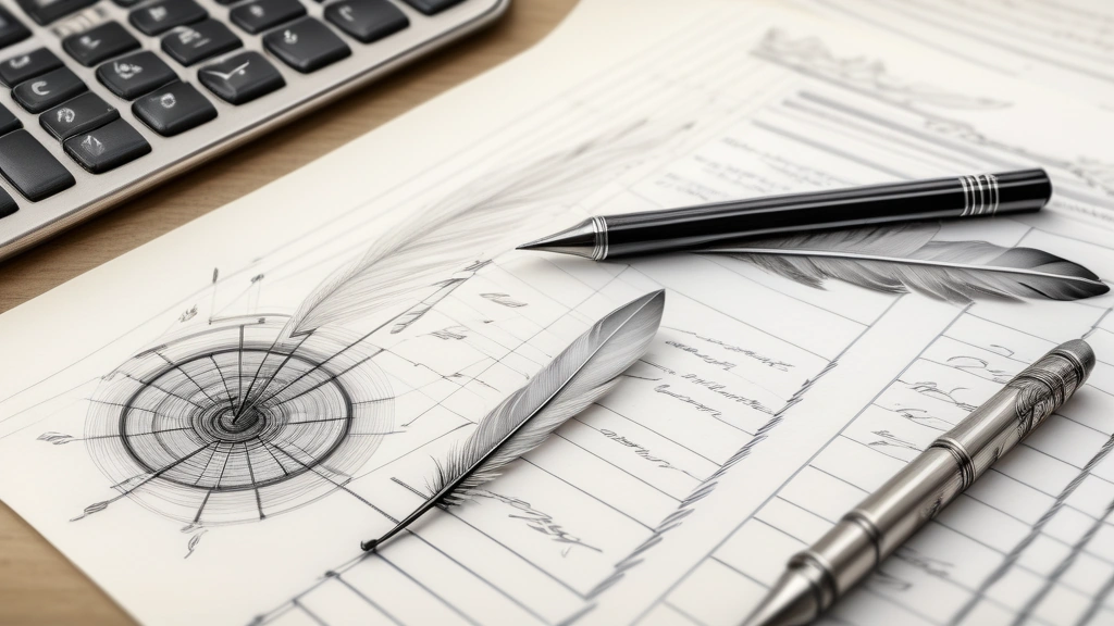 A serious pencil sketch detailing a complex database schema diagram with interconnected tables, columns, and hand-written SQL queries, next to a classical feather quill pen resting on a printed JSON configuration file. No text, no logos.