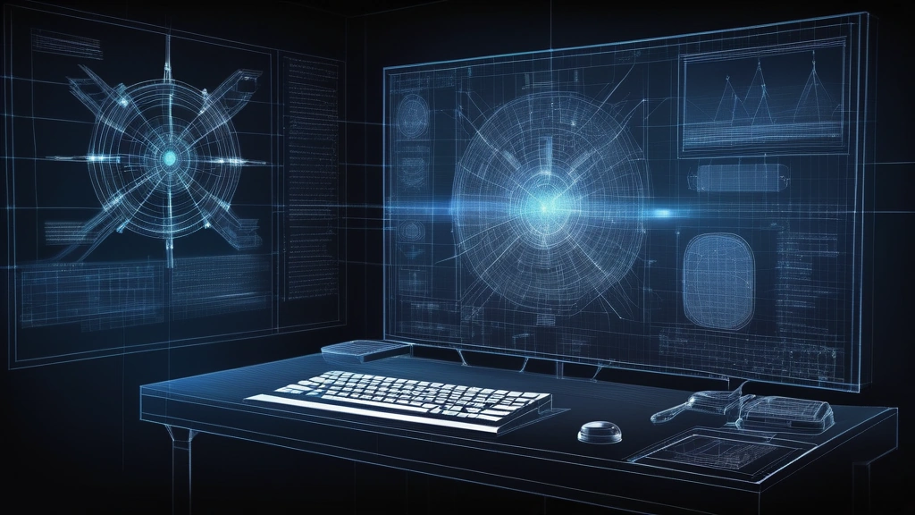 A detailed pencil sketch illustrating a modern military command console displaying abstract digital network grids and a conceptual technical blueprint of a directed energy weapon system, set against a dark, analytical background. No text, no logos.