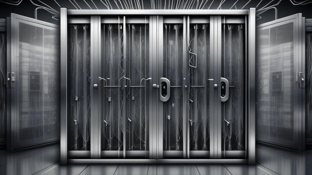 A detailed pencil sketch depicting a large, secure server rack with heavy steel padlocks on its metal doors, surrounded by abstract data streams being physically blocked and diverted away from an external cloud icon. No text, no logos.
