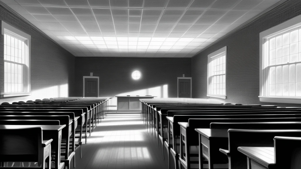 A detailed pencil sketch of a classic Dartmouth College brick lecture hall facade, with a single glowing window illuminating an empty classroom desk holding a neat stack of graded exam papers showing statistical bell curves. No text, no logos.