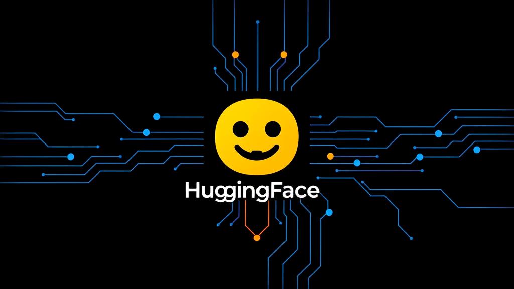 Clean tech illustration, dark background. Electric blue and gold accents. Features an abstract representation of the HuggingFace logo or brand identity, perhaps integrated into circuit board patterns or data flow lines. Focus on modern, sleek design with a sense of innovation and connectivity. No text in the image.